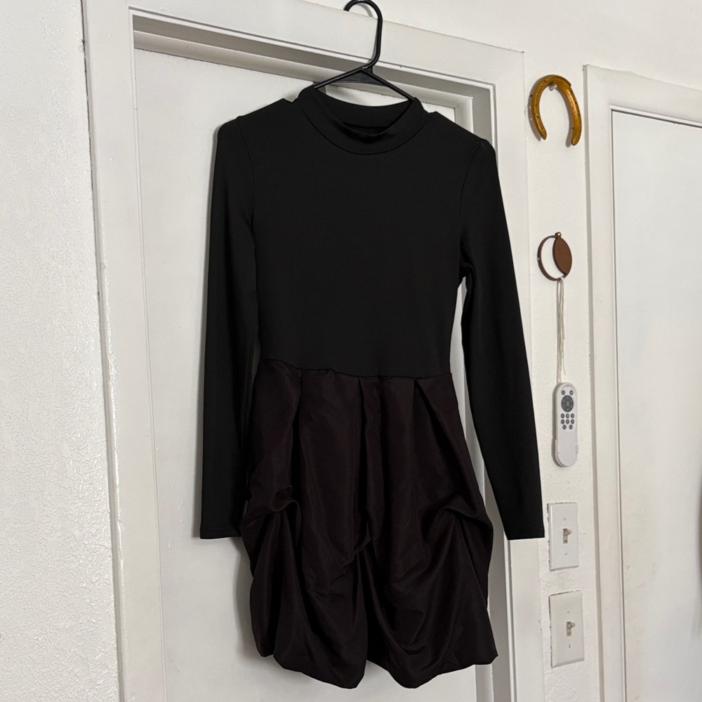 Black Long Sleeve Dress with Gathered Skirt